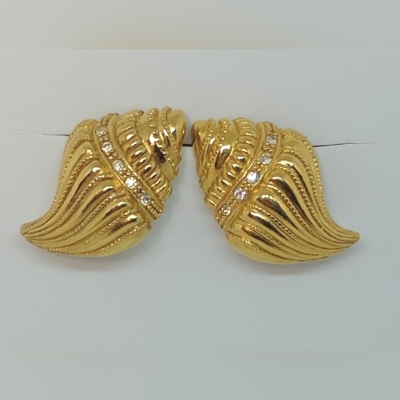 * vintage KJL Kenneth Jay Lane Avon seashells w/ rhinestones gold tone earrings - Picture 2 of 6